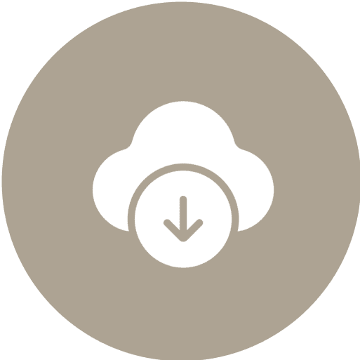 A white cloud icon with a downward arrow in the center, representing a download symbol, on a beige circular background.